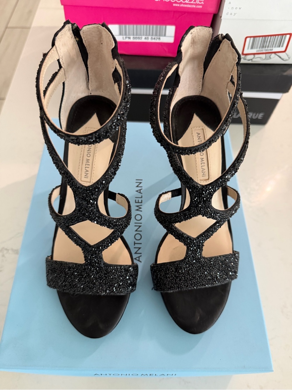 ANTONIO MELANI Black Glitter Cutout Strappy Heels